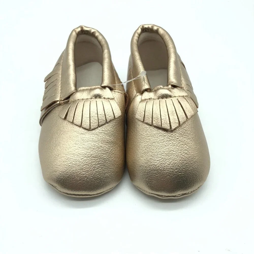 Toddler Girls Slip On Moccasins Faux Leather Soft Sole Fringe Gold US Size 5